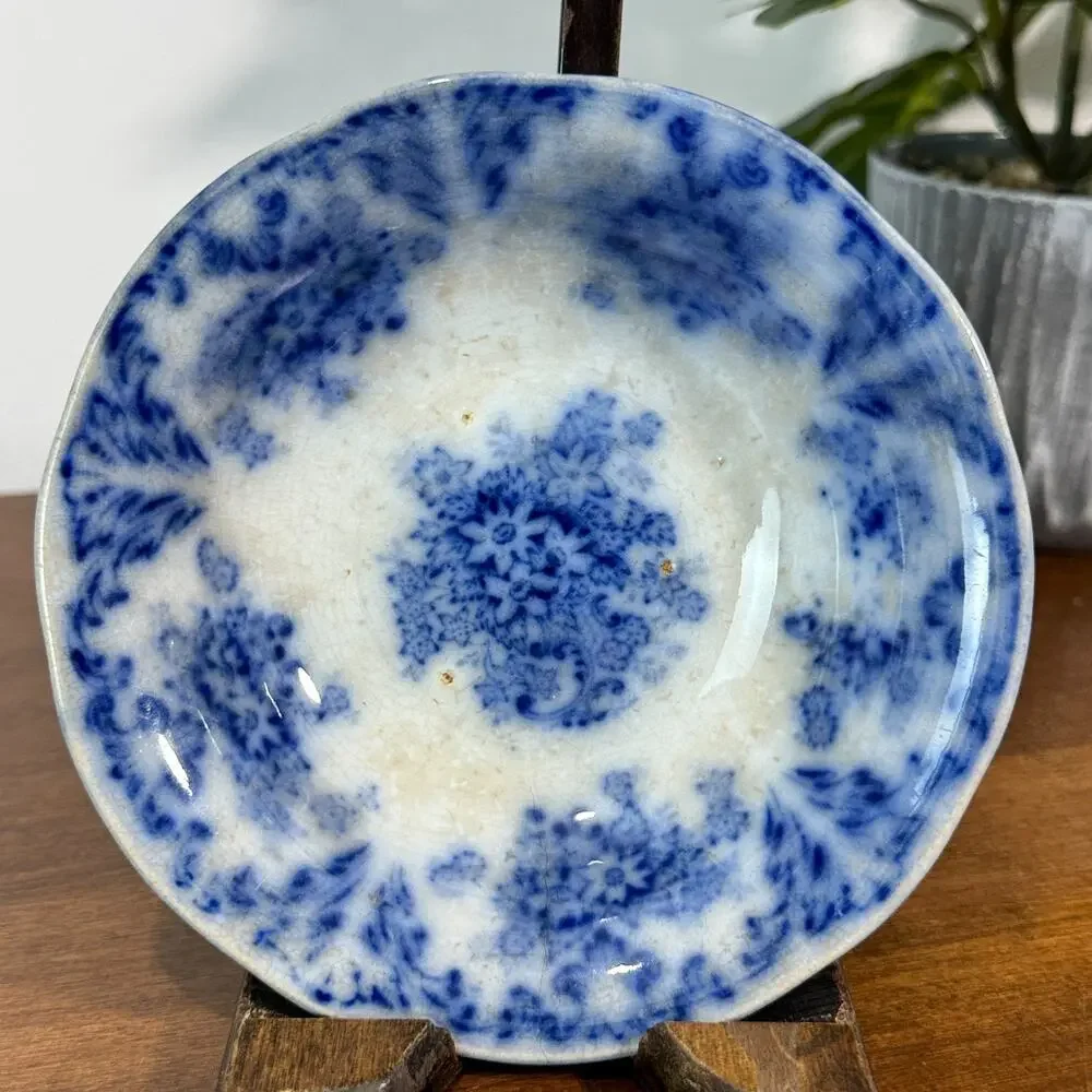 Antique Libertas Prussia Cobalt Flow Blue Bowl Ironstone Staining Crazing